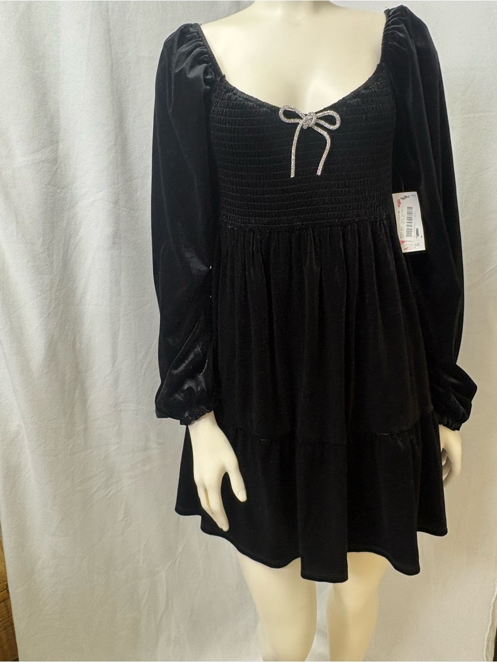 Lars black velvet smocked babydoll dress long puff sleeve size [insert size]